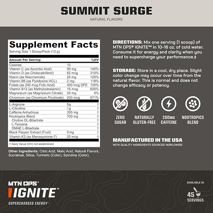 MTN OPS Ignite Sugar Free Energy Drink Powder with 200mg Caffeine, Nootropic Blend for Energy, Focus & Endurance, L Arginine & L Citrulline Pre Workout, 45 Servings, Hush Summit Surge