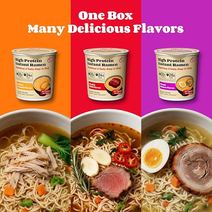 Healspot High Protein Instant Ramen Variety Pack (6 Cups) - 32g Plant-Based Protein, Non-Fried, Low Carb, Low Fat, Non-GMO, Keto & Vegan Friendly (Golden-Chicken,Smoky-Beef,Classic-Pork)