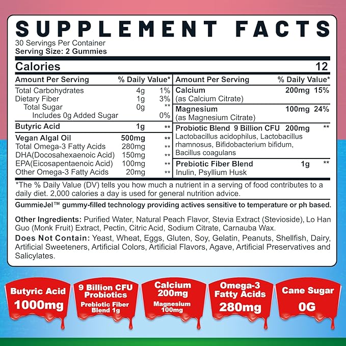 Butyrate Gummies with Probiotic + Prebiotic + Postbiotic, Omega-3 500mg,Fiber with 9 Billion CFU Probiotics, Calcium & Magnesium, Inulin,Psyllium Husk for Digestive Health,Bloating Support,Sugar Free