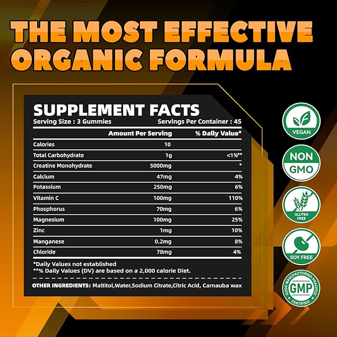 Creatine Monohydrate Gummies (5g) – Pre-Workout Energy & Muscle Growth Support for Men & Women | Orange Electrolyte Gummies (135 Count)