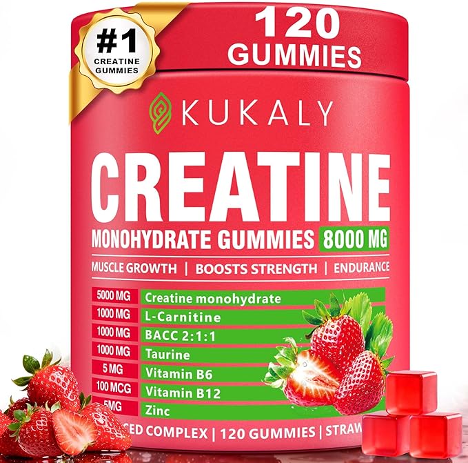 Creatine Monohydrate Gummies for Men & Women, 8500MG Creatine Gummies Sugar Free Strawberry Flavored with L-Taurine, BCAA 2:1, B12 B6 for Boost Strength, Focus & Endurance, Vegan, Non-GMO, 120pcs