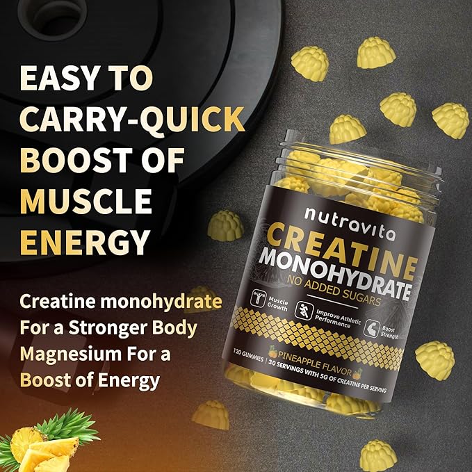 Nutravita Creatine Monohydrate Gummies for Men & Women-5g of Creatine Monohydrate per Serving - Sugar Free,Vegan,Pineapple Flavor, 120 Count