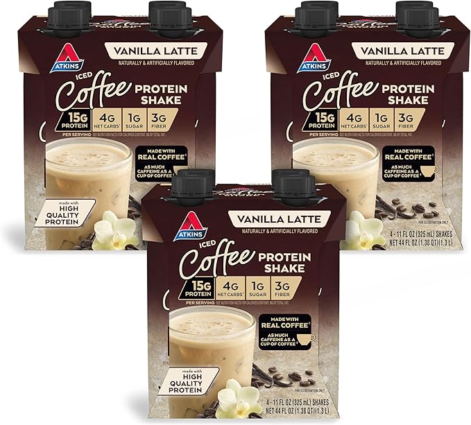 Atkins Iced Coffee Vanilla Latte Protein Shake, Coffee and Vanilla Flavored, 15g Protein, 4g Net Carbs, 1g Sugar, Low Carb, Keto Friendly, High Protein Shake, 12 Pack (11 fl. oz each)