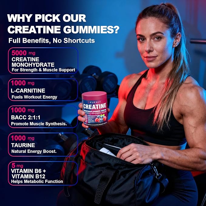 KUKALY Creatine Monohydrate Gummies for Men & Women, 8500MG Creatine Gummies Sugar Free Mixed Flavored with L-Taurine, BCAA 2:1, B12 B6 for Boost Strength, Focus & Endurance, Vegan, Non-GMO, 120pcs