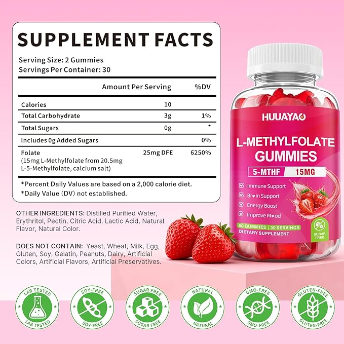 L-Methylfolate 15 mg Gummies, Methylfolate Supplement, Folate 5-MTHF Supplement for Support Mood, Brain Health, Immune System, Sugar Free, Strawberry Flavor, 60 Count