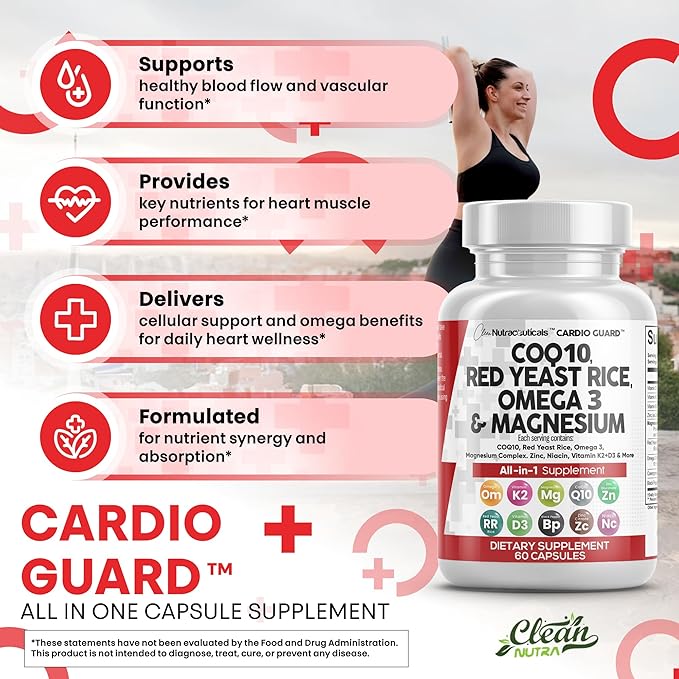 Clean Nutraceuticals COQ10 200mg Red Yeast Rice Omega 3 Magnesium Complex 500mg Niacin Zinc Vitamin K2 D3 - Heart Support Vitamins for Women & Men w/Vitamin B3, Coenzyme Q10-60 Ct (Pack of 2)