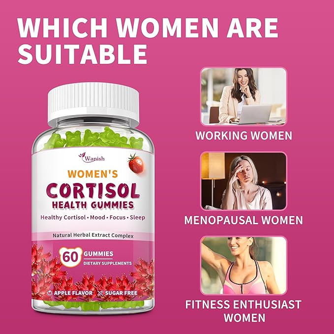 Wanish Cortisol Gummies for Women,Cortisol Supplements for Women-Relaxation and Mood,Cortisol Reducer with Ashwagandha, Rhodiola Rosea, etc. Cortisol Manager Gummies,Vegan,Apple Flavor,60 Count