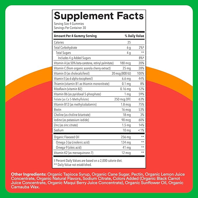 SmartyPants Organic Kids Multivitamin Gummies: Omega 3 (ALA), Beta Carotene, Vitamin B12, B6, A, K & Zinc for Immune Support, Biotin, Vegetarian, Three Fruit Flavors, 120 Count (30 Day Supply)