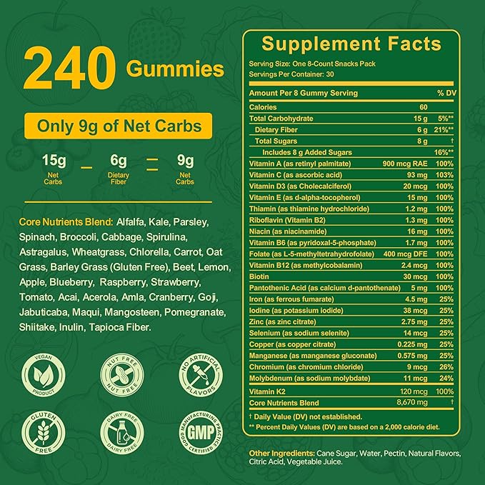 Greens Daily Gummies, Super Greens Gummies for Adults Superfood Multivitamin Gummy with Spirulina, Chlorella, Prebiotic Fiber, Fruit Veggie for Digestive & Gut Health, Adaptogens Supplement, 240 Count