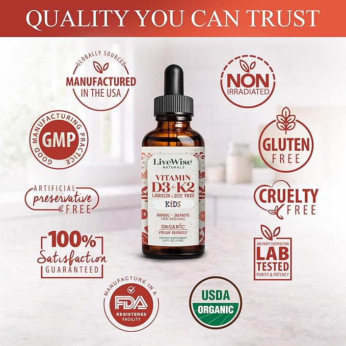 Live Wise Naturals Vitamin D3 K2 Kids Liquid Drops - 112 Servings, Ultra Concentrated Formulation, Fast Absorption 800 IU & 35 MCG for Calcium & Bone Support - Daily Nutritional Support Parents Trust
