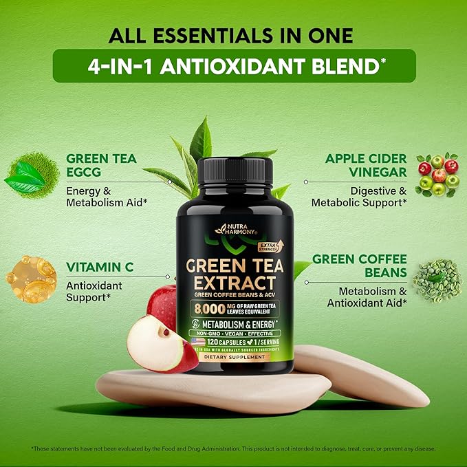 Green Tea Extract - 50% EGCG, Extra Strength 20:1 Extract - Natural Green Tea Supplement + Green Coffee Beans & Apple Cider Vinegar - Energy & Metabolism Support - for Men & Women - Vegan 120 Capsules