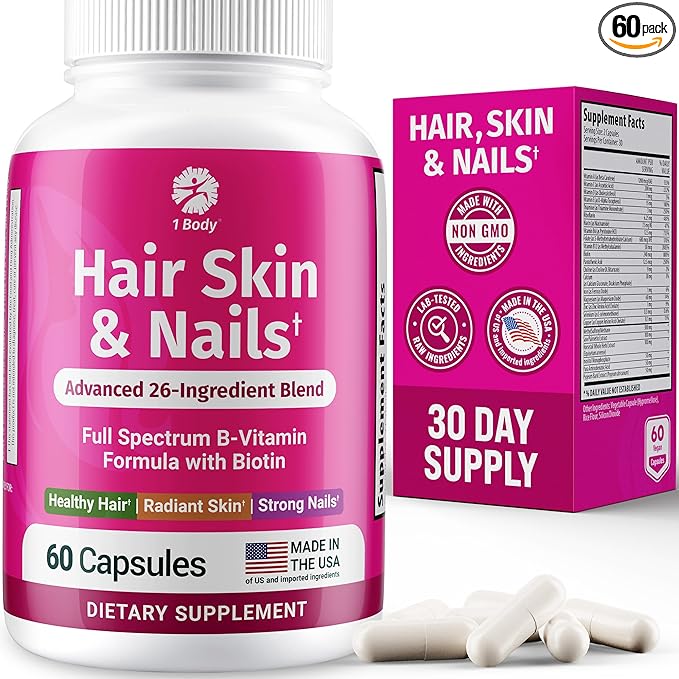 1 Body Hair Skin and Nails Vitamins with Biotin – Hair Growth Supplement for Women & Men with 26 Vitamins, Minerals & Herbal Extracts – Stronger Hair, Healthy Skin & Nails – 60 Vegan Capsules