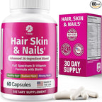 1 Body Hair Skin and Nails Vitamins with Biotin – Hair Growth Supplement for Women & Men with 26 Vitamins, Minerals & Herbal Extracts – Stronger Hair, Healthy Skin & Nails – 60 Vegan Capsules