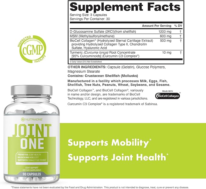 JointOne Joint Support by NutraOne - Joint Supplement for Women and Men to Help Maintain Joint Health with Collagen, Glucosamine, and Turmeric* (90 Capsules)