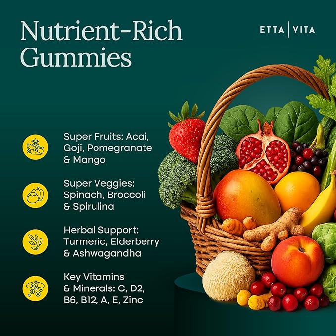 Everyday Debloat & Detox Sugar-Free Fruits and Veggies Gummies - Energy Support with Superfood Fruit and VegetableSupplement (120 Chews) Cruelty-Free, Vegan, Gluten-Free, Fruit and Vegetable Vitamin