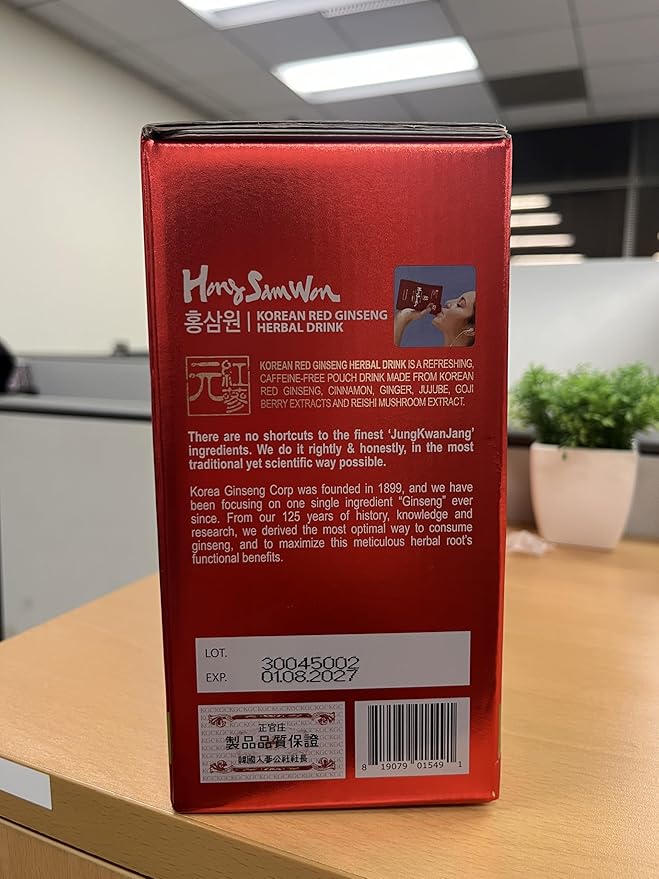 JUNG KWAN JANG Hong Sam Won Delight - Korean Red Ginseng Tea Herbal Energy Drink with Lime, Jujube, Ginger, 3 Vitamins & 9 Amino Acids - No Caffeine, No Calories, No Sugar (30 Pouches, 1.69 fl oz)
