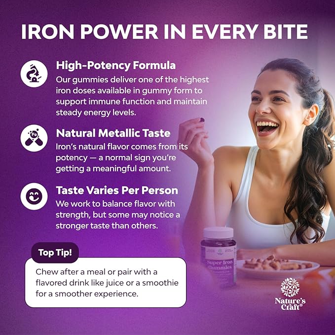 Extra Strength Iron Supplement Gummies for Women & Men - Chewable Iron with Vitamin C & B Complex for Energy Blood Builder & Immune Support - Increase Red Blood Cells Supplement - 30 Count