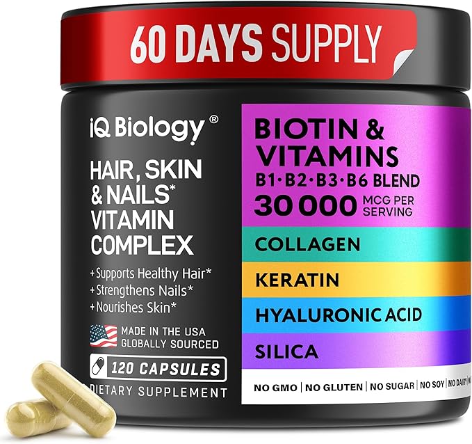 Biotin for Hair Growth Women & Men with Keratin, Collagen Complex 30000 mcg – Capsules for Hair Loss & Stronger Thickness – Skin & Nails Vitamins, Biotin 10000mcg and Collagen Supplements - 120 Pills