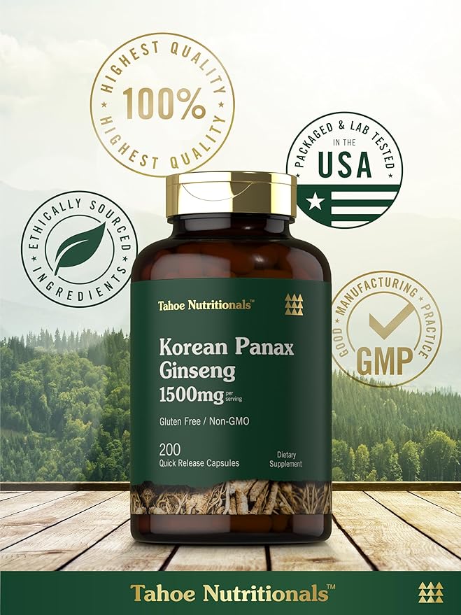 Tahoe Nutritionals Korean Panax Ginseng Extract 1500 mg | 200 Capsules | Supplement for Men & Women | Non-GMO and Gluten Free