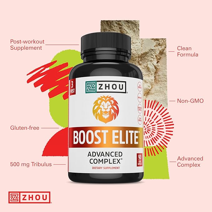 Zhou Boost Elite - Energy Supplement, Natural Muscle Support Pills for Men with Tribulus, Fenugreek, Zinc, Tribulus, Ginseng, and Maca, Gluten Free, Non-GMO - 90 Veggie Capsules