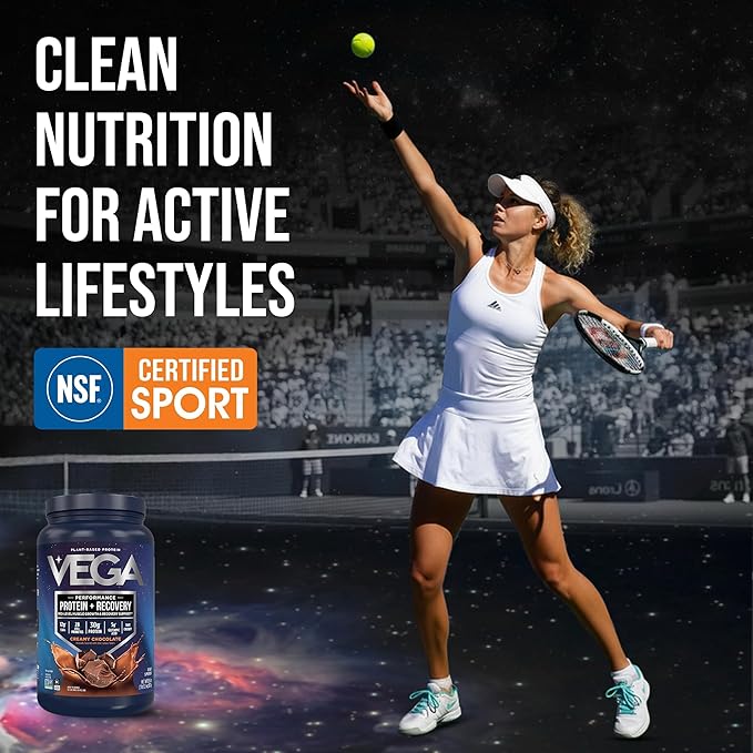 Vega Sport Vegan Protein Powder + Recovery - 30g Plant Based Protein per Serving, Chocolate, 19 Servings, 5g BCAAs, Probiotics, NSF Certified, for Shakes & Smoothies, 1.8lbs (Packaging May Vary)