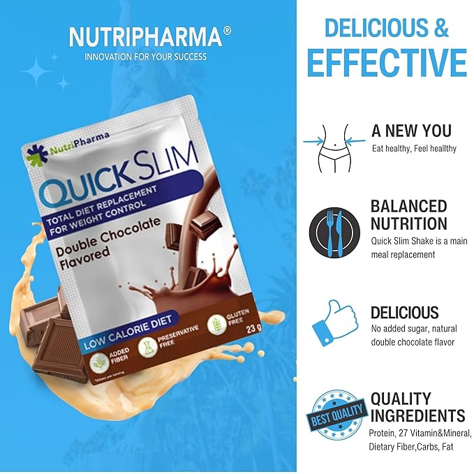 Quick Slim Meal Replacement Shake for Weight Loss, 30 Servings, 20g Protein, 27 Vitamins & Minerals, Dietary Fiber, Low Carb, Gluten Free (Double Chocolate, 30 Sachets)