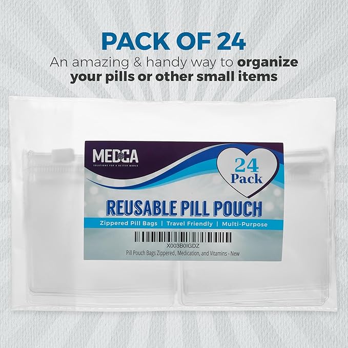 Zippered Pill Pouch Bags - 24 Pcs, Slide Lock Clear Plastic Mini Bags, BPA-Free for Pills Vitamins, Supplements, Medications, Jewelry, Crafts, Small Objects - Self-Sealing, Reusable, Travel-Friendly