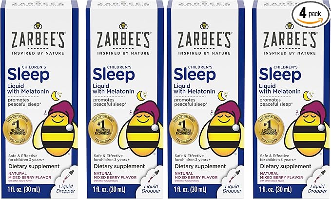 Zarbee's Kids Sleep Supplement Liquid with 1mg Melatonin; Drug-Free & Effective; Easy to Take Natural Berry Flavor for Children Ages 3 and Up; 1 Fl Oz Bottles,(Pack of 4)
