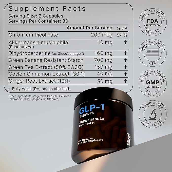 GLP-1 Booster with Akkermansia Muciniphila for Appetite Suppressant, Gut Health & Metabolism Support – Natural GLP1 Supplement with Dihydroberberine for Men & Women – Made in USA – 60 Capsules