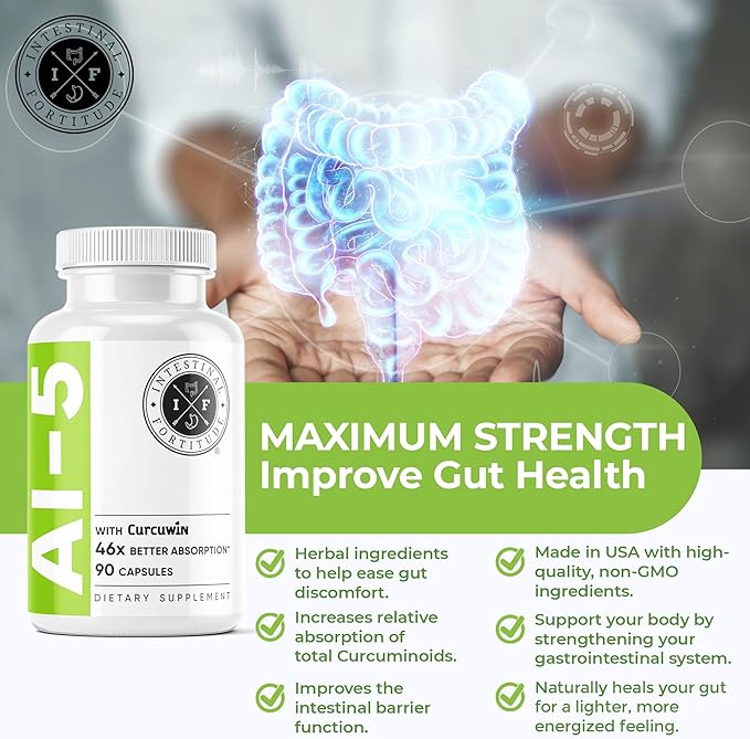 Intestinal Fortitude AI-5 - Digestive Herbal Capsule Supplement w/CurcuWIN, Turmeric, Curcumin, Boswellia Serrata, Ginger Root & EGCG Green Tea for Gut & Digestive Health Support, Non-GMO, Dairy Free