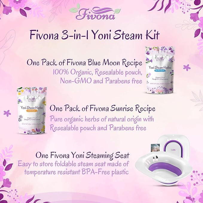 Fivona Yoni Steam Kit 3-in-1 Complete Set of Over the Toilet Foldable Steamer Seat with 1 Pack of Blue Moon and 1 Pack of Sunrise Yoni Steaming Herbs