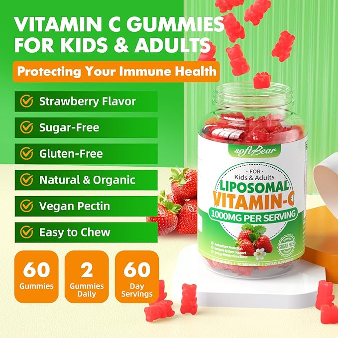 softbear Liposomal Vitamin C Gummies for Adults & Kids 1000mg, Chewable Vitamin C Supplement for Immune Support, Vegan/Organic/Sugar Free VIT C Gummies, Strawberry Flavor 120 Count