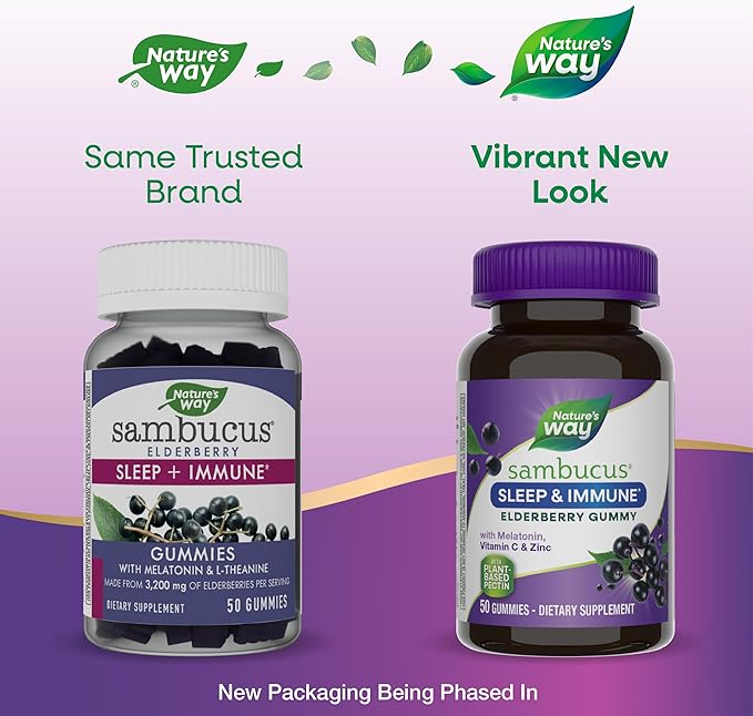 Nature’s Way Sambucus Sleep + Immune* Elderberry Gummies, Sleep Support for Adults and Immune Support*, With Melatonin, Vitamin C, L-Theanine, Zinc, 50 Gummies (Packaging May Vary)