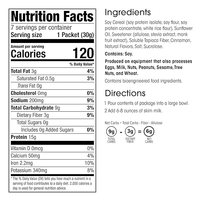WonderSlim Protein Cereal, Cinnamon, Zero Sugar, Gluten Free, Keto Friendly & Low Carb (7ct)