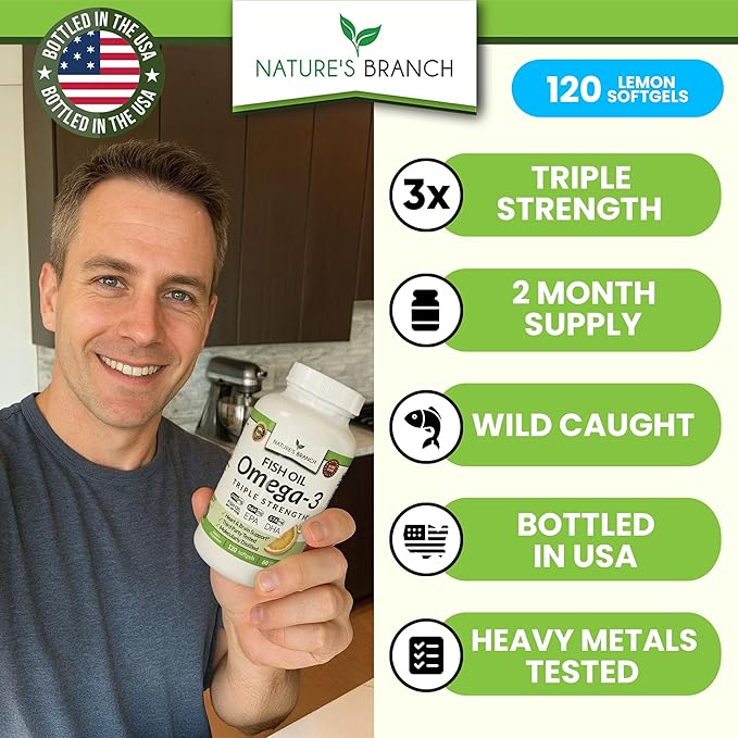 Triple Strength Omega 3 Fish Oil Supplements 2400mg | 120 Capsules, Burpless High Potency Lemon Flavor, High EPA DHA for Men & Women Ultra Pure Softgels | Joint Support, Eyes, Heart Brain Health Pills