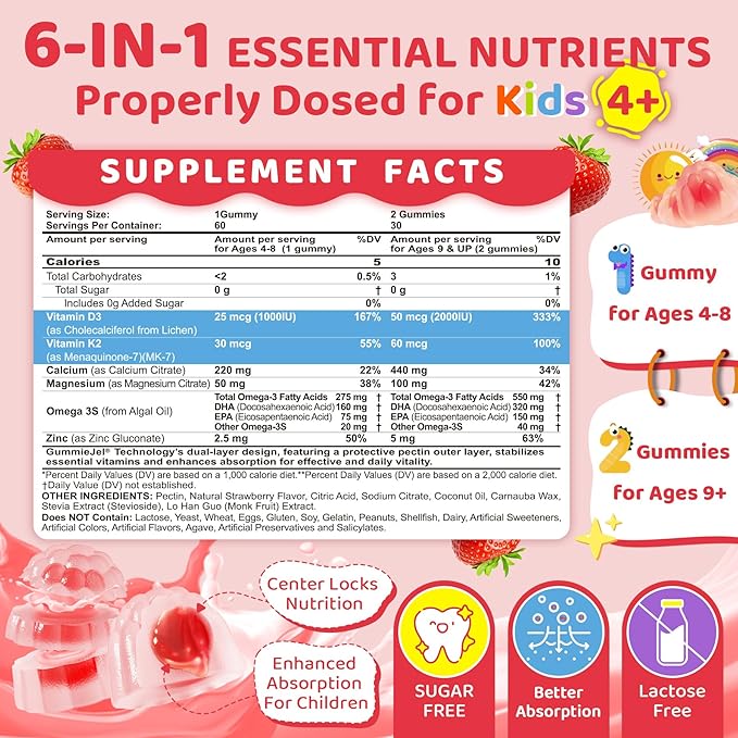 Vitamin D3 K2 + Calcium Liquid-filled Gummies for Kids & Teens, 1000IU / 2000IU D3 with Magnesium, Algal Omega 3, Kids Vitamins for Bones & Teeth, Calcium Absorption, Brain, Immune, Sugar-Free, 60Cts