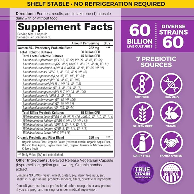 Vital Planet - Vital Flora Probiotics for Women Over 55 Daily Shelf Stable Probiotic 60 Billion CFU, 60 Diverse Strains, 7 Organic Prebiotics, Immune Support and Digestive Health 30 Capsules