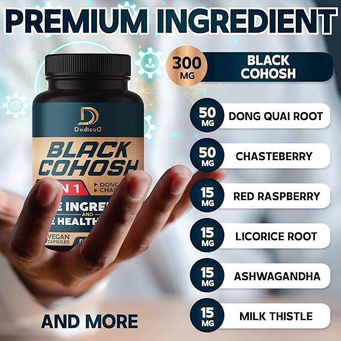 DEDICAD Black Cohosh Supplement - 3 Months for Menopause & Immune Health - Blend of 12 Potent Herb Includes Dong Quai, Chasteberry, Wild Yam, Red Clover, Black Pepper & Others - 90 Vegan Capsules