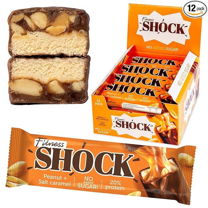 Fitness SHOCK Peanut Salted Caramel Protein Bars - No Added Sugar, Low Calorie Low Carb Snack - 10g Protein, 0g Added Sugar, 180 Kcal, 18g Net Carbs - 12 x 50g