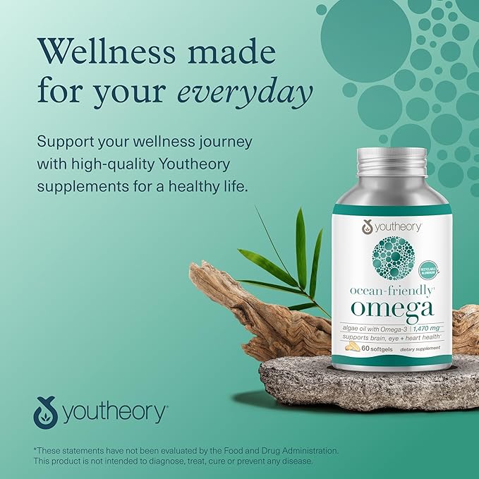 Youtheory Ocean-Friendly Omega - Vegan Algae Omega 3 Softgel - with EPA & DHA - Heart, Eye & Brain Health - Recyclable Aluminum Container - Gluten, Soy & Dairy Free - 120 Softgels