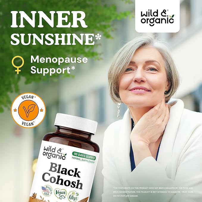 Wild & Organic Black Cohosh Capsules 540 mg - Menopause Supplements for Women - Black Cohosh for Women - Actaea Racemosa Herb - 90 Days of Supply - Vegan, No Fillers, Non-GMO - 90 Count