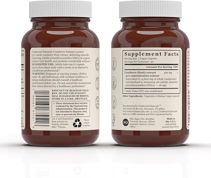 Cranberry Extract Supplement – for Women and Men – Standardized Soluble PACs – Pure, Vegan, Non-GMO, Kosher – 90 Vegan Capsules