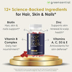 Sugar-Free Hair, Skin & Nails Gummies - Complete Vitamin Complex w/Natural Ingredients - Fuller Hair Support - No Artificial Colors, Natural Strawberry Flavor, Made in USA, 60 Ct