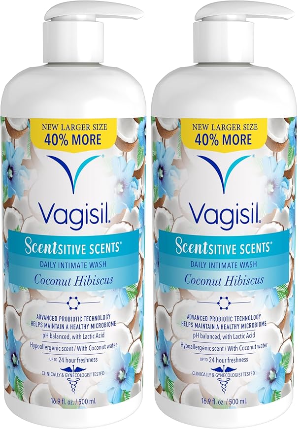 Vagisil Feminine Wash for Intimate Area Hygiene, Scentsitive Scents, pH Balanced and Gynecologist Tested, Coconut Hibiscus, 16.9 oz with Pump (Pack of 2)