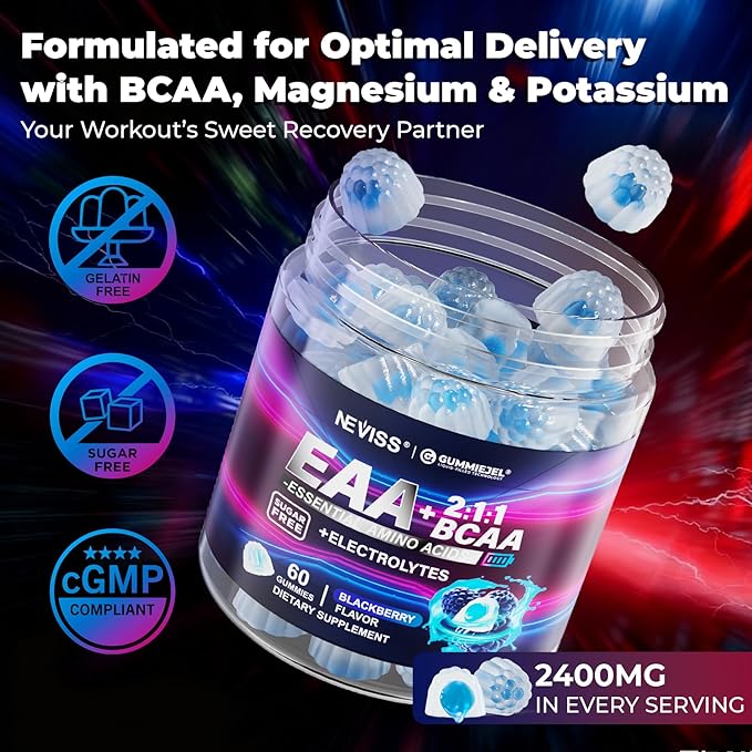 Essential Amino Acids EAA Gummies Nutritional Supplements for Women Men, BCAAs Branched Chain Amino Acids Supplement Gummies w/ Electrolyte Hydration, Black Raspberry Flavor, Gluten Free, Vegan, 120ct