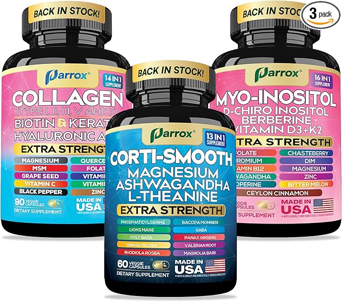She Shines Set - Collagen Peptides Types I, II, III, V, X, Biotin, Keratin, Myo Inositol & D-Chiro Inositol, Berberine, Cortisol Support, Magnesium, Ashwagandha, L-Theanine, Lions Mane