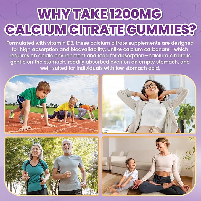 Calcium Citrate Gummies - 1200mg Calcium Gummies Supplements for Women & Men with Vitamin D3, K2, Magnesium, Zinc High Absorption for Bone, Muscle & Immune Support, Grape Flavor, 60 Count