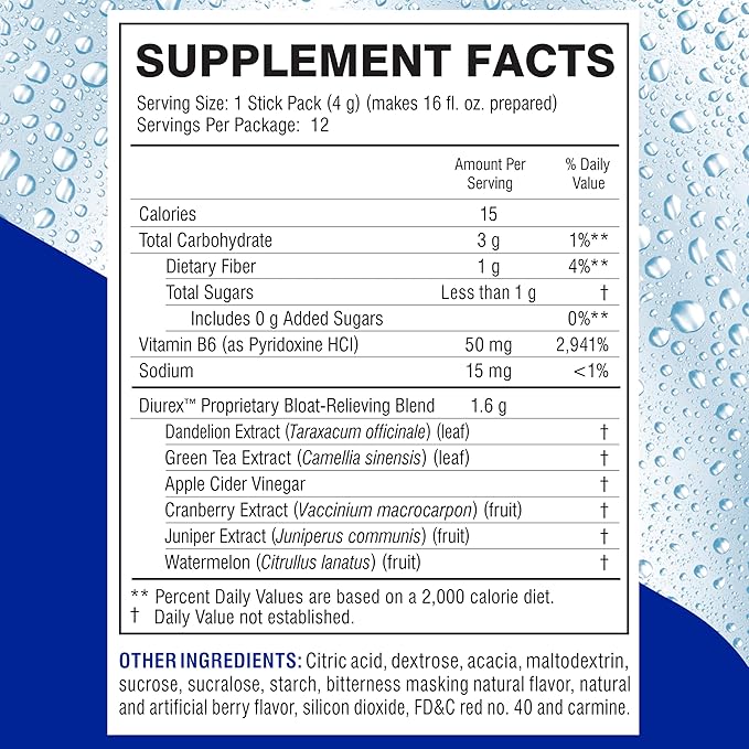 Diurex Drink Mix - Diuretic Supplement - Mixed Berry Flavor - Bloat Relief with Diurex Proprietary Bloat-Relieving Blend - Single Serve - 12 Pack