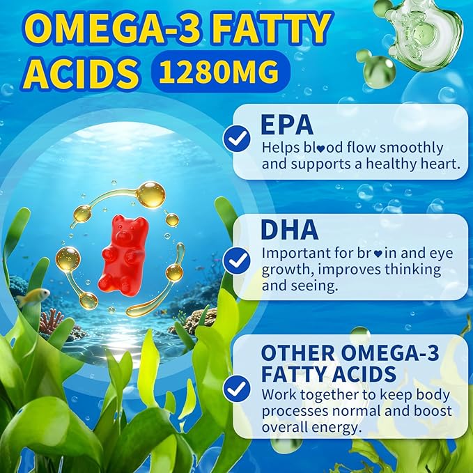 Vegan Omega-3 Gummies 1028mg, Omega 3 Fish Oil Alternative for Adults w/EPA 400mg & DHA 600mg & Vitamin A, C, E Supports Brain, Eye & Immune Health, Sugar Free, Raspberry Flavor, 120 Count
