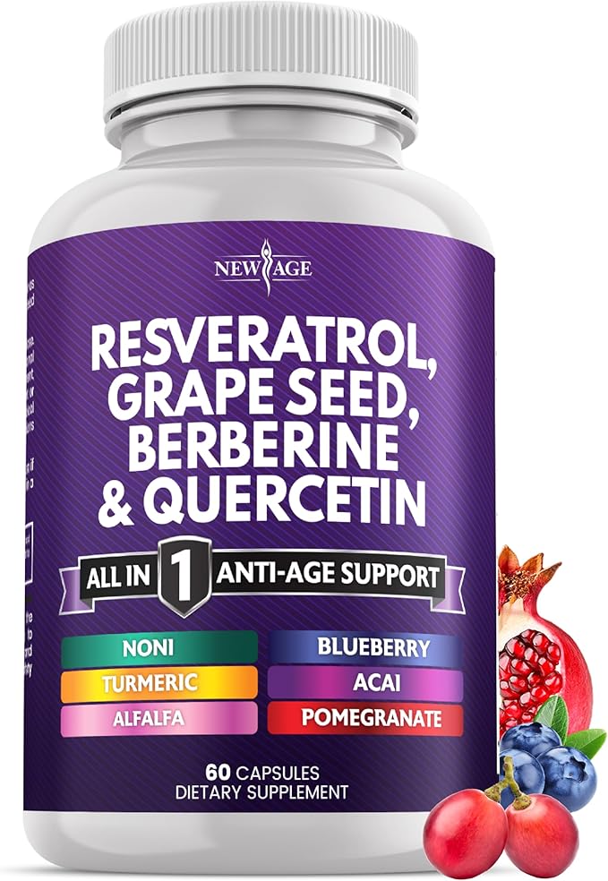 NEW AGE Resveratrol, Berberine, Grape Seed Extract, Quercetin - Polyphenol Supplement for Women and Men with Noni, N-Acetyl Cysteine, Acai - 60 Capsules